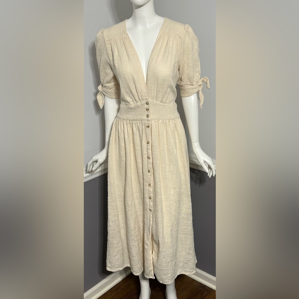 Free People Love Of My Life Cream Romantic Cottage Deep V Midi Dress Boho L